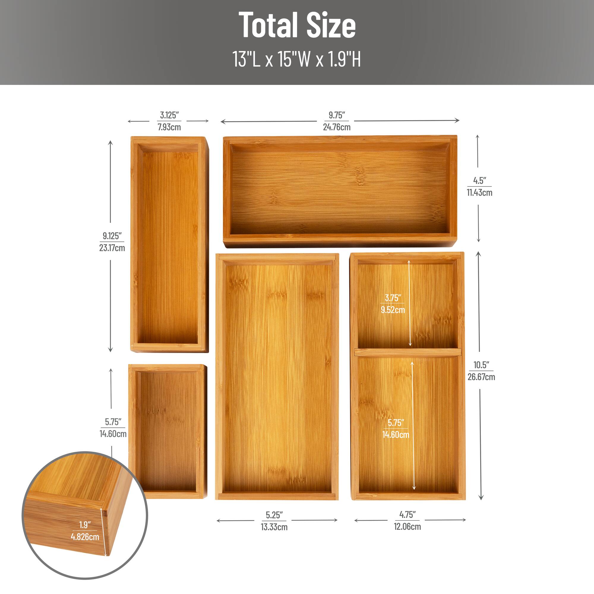 Mind Reader 5-Piece Bamboo Drawer Organizer Set, Stackable Storage Trays for Kitchen, Bathroom, Office, Makeup & Jewelry, Rayon from Bamboo, Brown